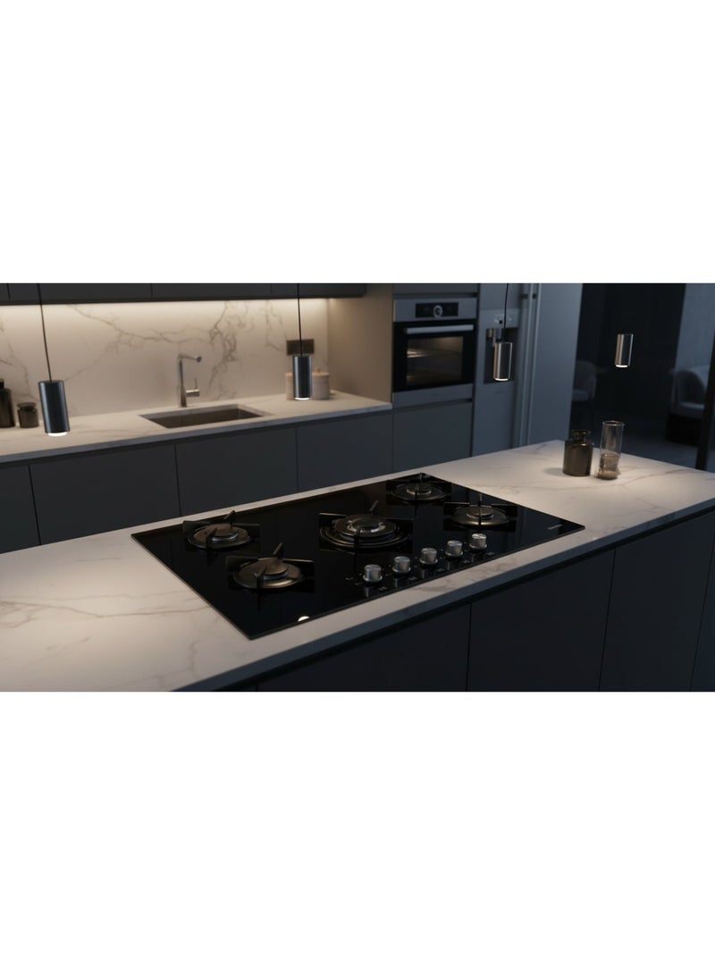 Simfer Built-In Gas Hob 90 cm Black Glass, 5 Sabaf Burners, Front Control Knobs, Round Cast Iron Pan Supports, Auto Ignition, Full Safety – Model BH90GG01 - Image 4